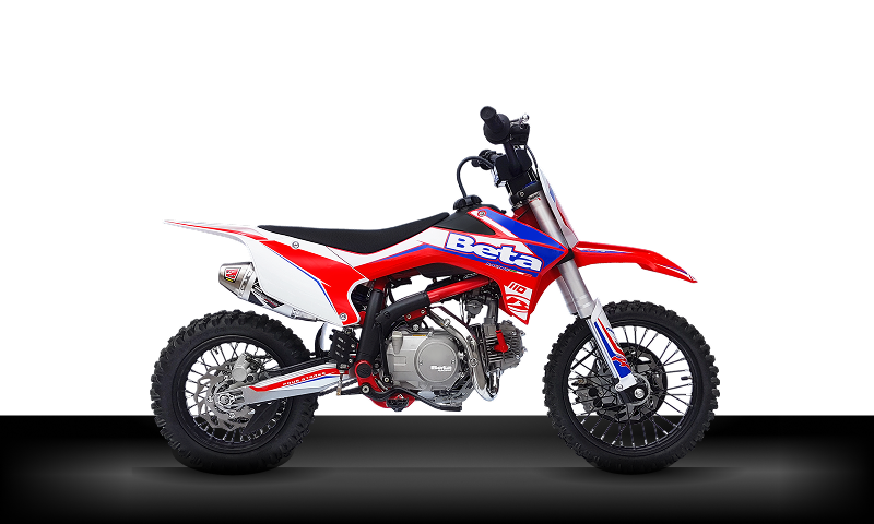 Beta Motos Tigre Argentina - Moto RR 110 Mini en vista lateral, diseño compacto rojo y blanco.