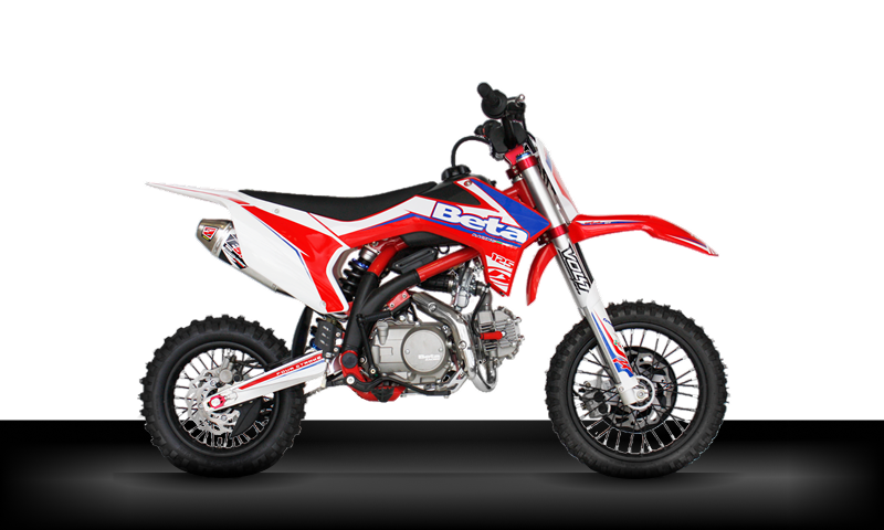 Beta Motos Tigre Argentina - Moto RR 125 Mini en vista lateral, diseño compacto en rojo y blanco.