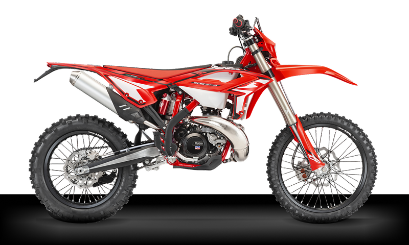 Beta Motos Tigre Argentina - Moto 2T 300 RR en vista lateral, diseño racing rojo y blanco.