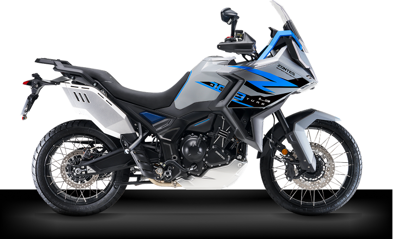 Moto Zontes 703F Adventure en vista lateral, diseño trail en color gris y azul.