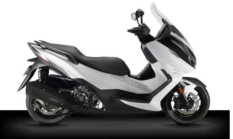 Scooter Zontes D350 en vista lateral, diseño elegante en color negro mate.