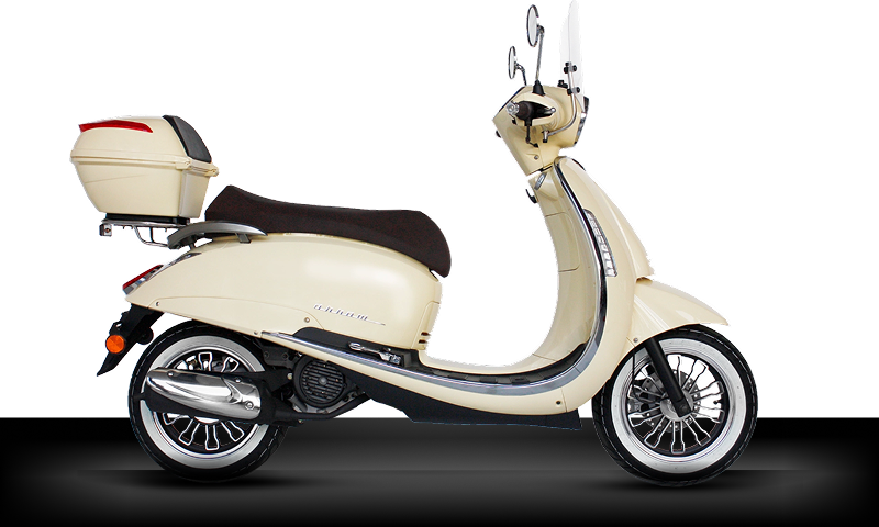 Beta Motos Tigre Argentina - Scooter Tempo Luxe 150 en vista lateral, diseño retro celeste con asiento beige.
