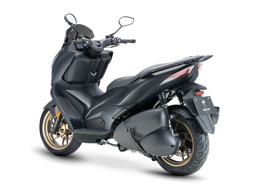 Zontes Moto Tigre Argentina – Vista trasera tres cuartos del scooter 350D color negro mate.