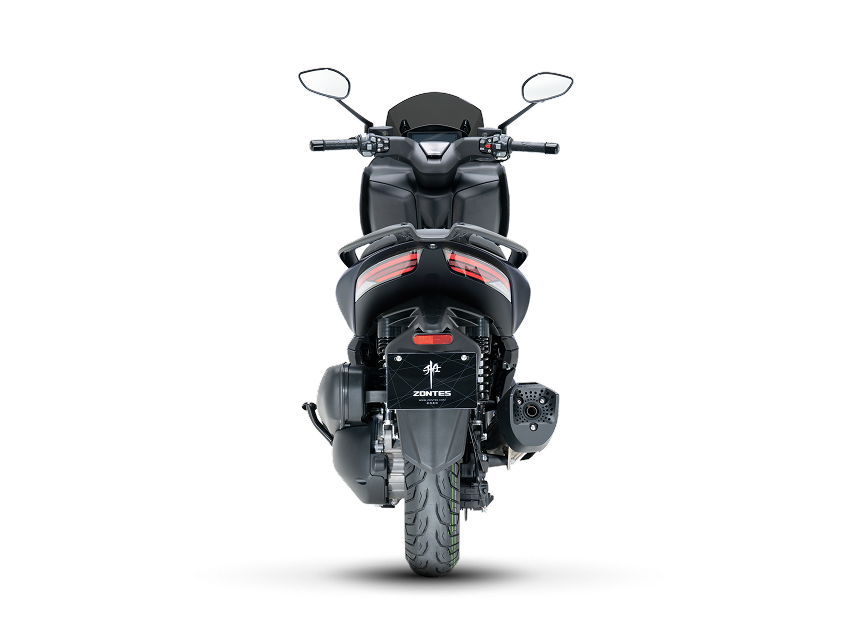 Zontes Moto Tigre Argentina – Vista posterior del scooter 350D mostrando faros y escape.