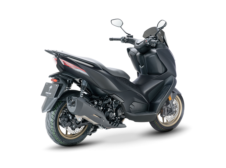 Zontes Moto Tigre Argentina – Scooter 350D negro mate con vista lateral trasera.