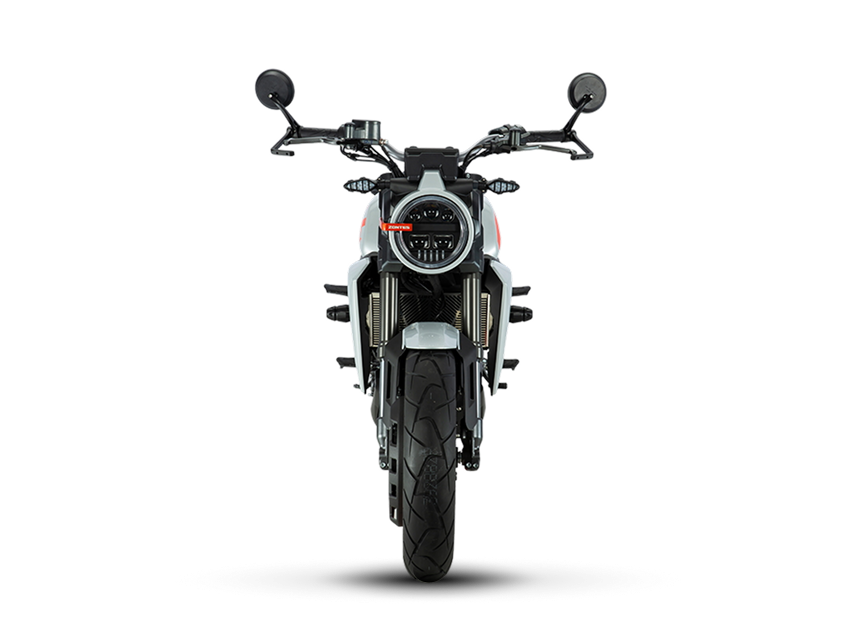 Zontes Moto Tigre Argentina - Moto 350GK gris vista frontal con faro LED redondo.