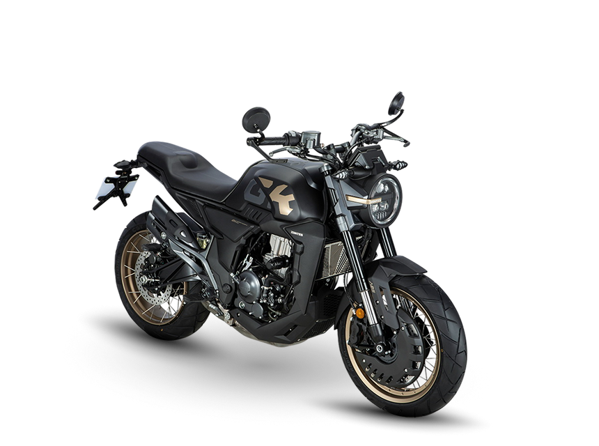 Zontes Moto Tigre Argentina - Moto 350GK negra vista tres cuartos delantera.