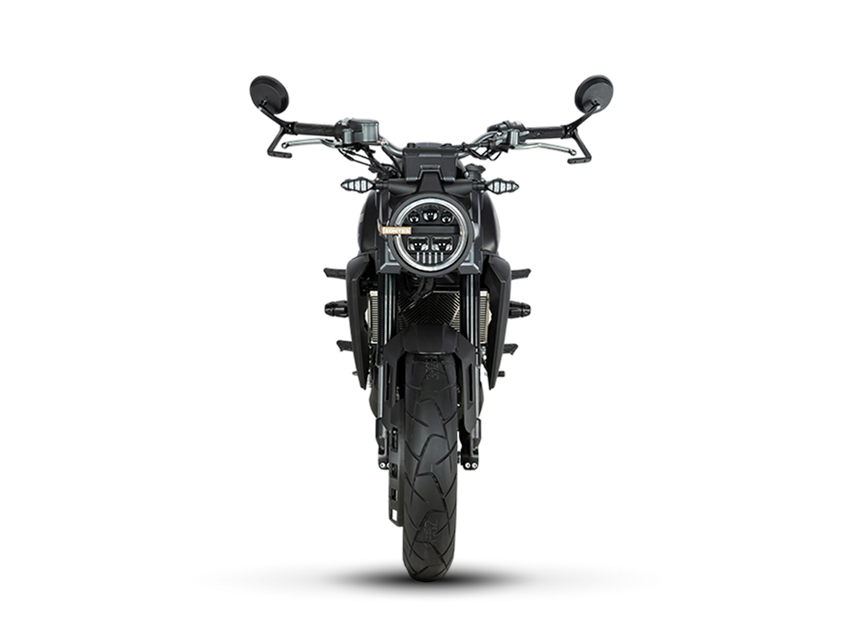 Zontes Moto Tigre Argentina - Moto 350GK negra vista frontal con faro LED redondo.