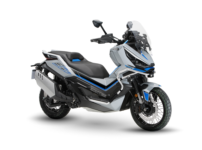 El 368G mostrando su configuración Adventure y amplio parabrisas Zontes Moto Tigre Argentina – 368G – Perspectiva 3/4 izquierda