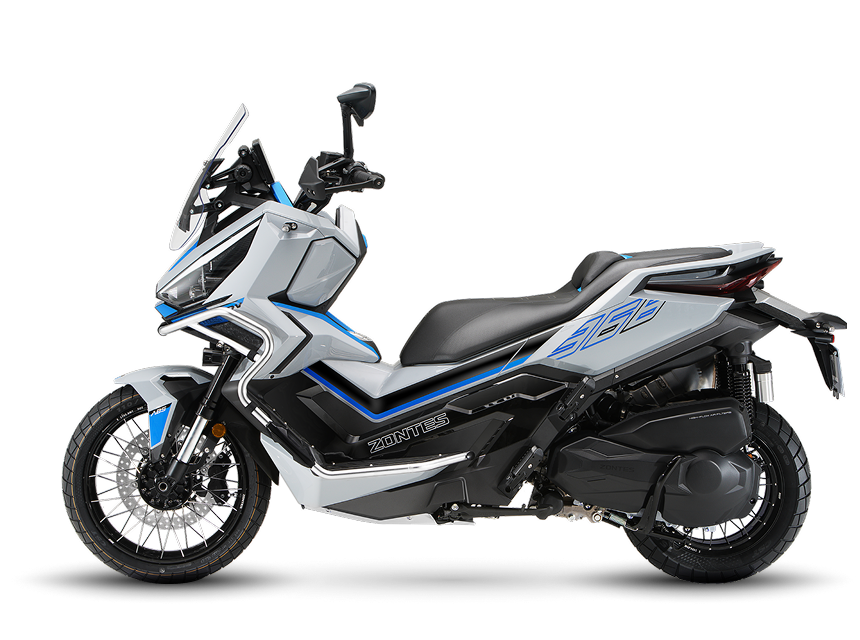 El 368G mostrando su perfil izquierdo con detalles de escape y suspensión Zontes Moto Tigre Argentina – 368G – Vista lateral izquierda