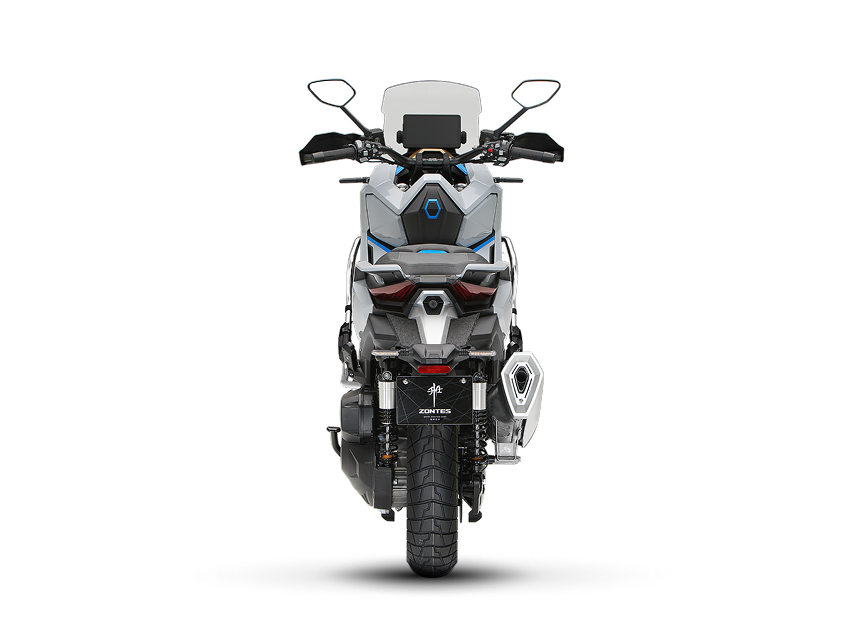 La parte trasera del 368G con escape lateral y faros Adventure Zontes Moto Tigre Argentina – 368G – Vista posterior