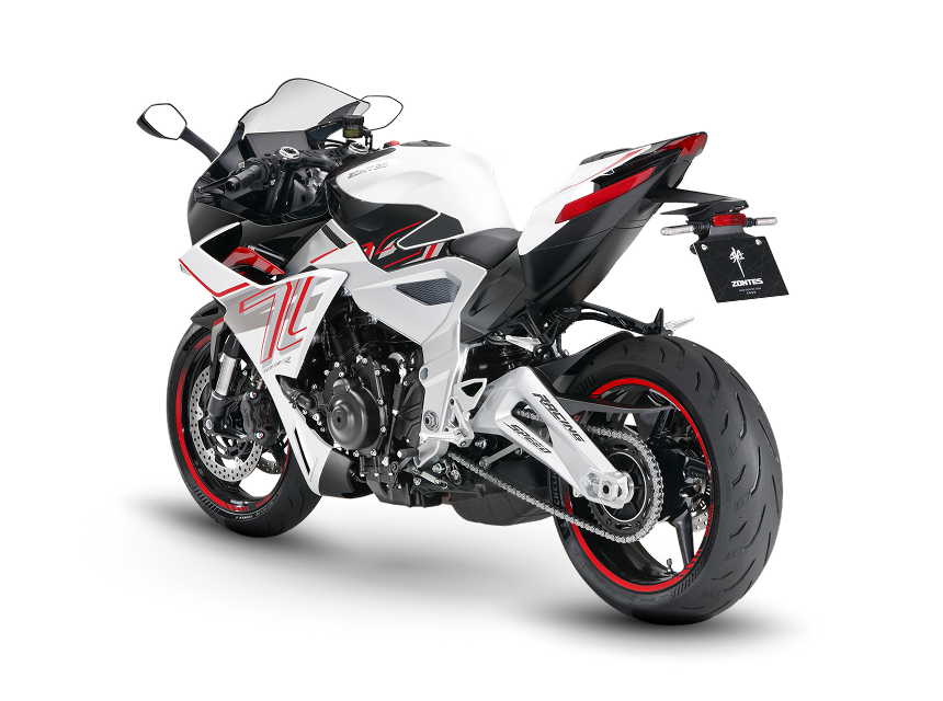Zontes Moto Tigre Argentina - 703RR vista trasera izquierda. Zontes Moto Tigre Argentina - Moto 703RR vista trasera izquierda con escape elevado.