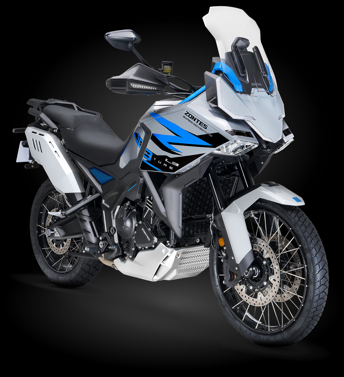 Zontes Moto Tigre Argentina - Moto 703F Adventure vista tres cuartos delantera sobre fondo negro.